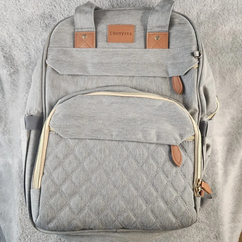 Cherrysea Diaper Bag Backpack Gray USB Charging Port Insulated Pockets Quilted